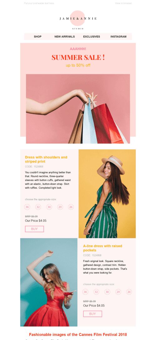 Werbung E-Mail-Vorlage «Sommerstimmung» für Mode-Branche Ansicht auf Mobilgeräten