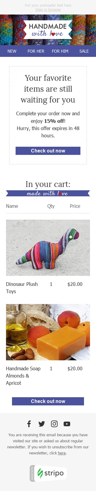 Abgebrochener Warenkorb E-Mail-Vorlage «Lieblingsdinge» für Bücher & Geschenke & Schreibwaren-Branche Ansicht auf Mobilgeräten