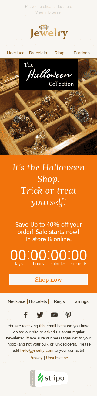 Шаблон письма к празднику Хэллоуин "Жуткие скидки" для индустрии "Ювелирные изделия и Украшения" мобильный вид