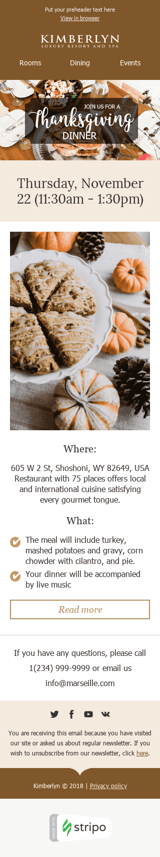 Шаблон письма к празднику День Благодарения "Чудесный обед" для индустрии "Отели и Гостиницы" мобильный вид