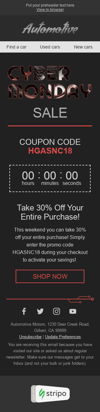 Modelo de E-mail de «Super Liquidação» de Cyber Monday para a indústria de Automóveis e motocicletas Visualização de dispositivo móvel