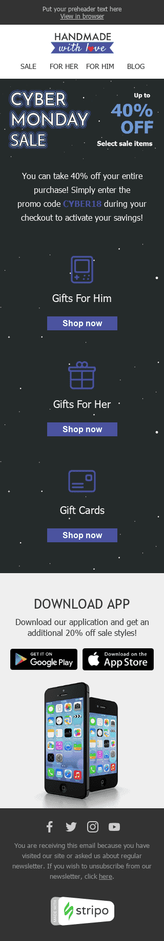 Шаблон письма ко дню Кибер Понедельника "Интересные подарки" для индустрии "Книги, Подарки, Канцтовары" мобильный вид