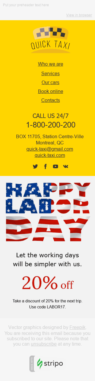 Labor Day Email Template "Comfortable Trips" for Auto & Moto industry mobile view