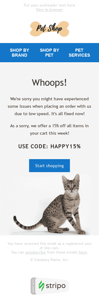 Entschuldigung E-Mail-Vorlage «Hoppla» für Haustiere-Branche Ansicht auf Mobilgeräten
