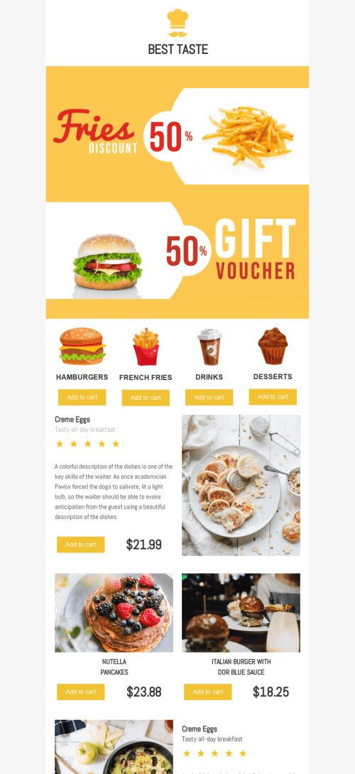 Discount Email Template «Tasty Discounts» for Food industry mobile view