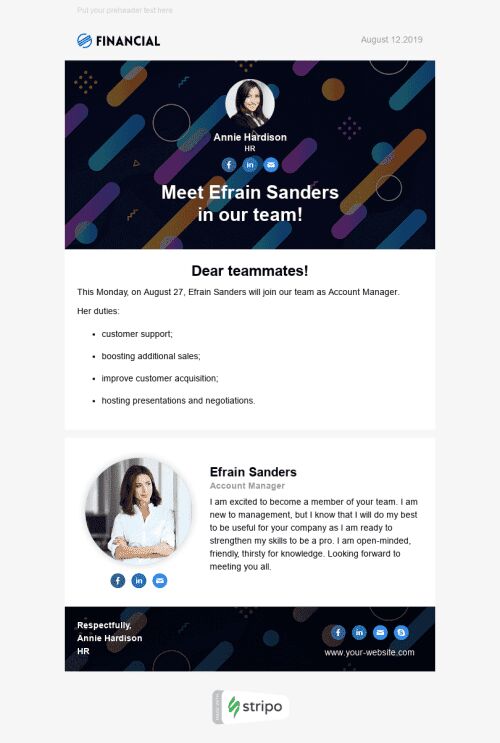 Modelo de E-mail de «Conheça o novo contratado» de Interno para a indústria de Recursos humanos Visualização de dispositivo móvel