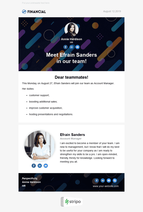 Internal Email Template «Meet The New Hire» for Human Resources industry mobile view