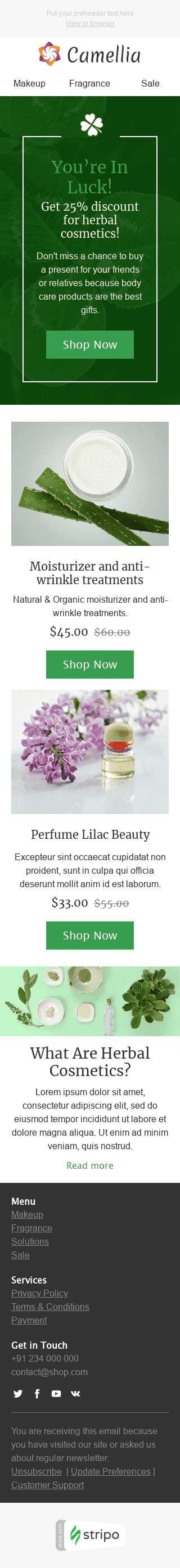 Plantilla de correo electrónico «Cosméticos a base de hierbas» de Día de San Patricio para la industria de Belleza y cuidado personal Vista de móvil