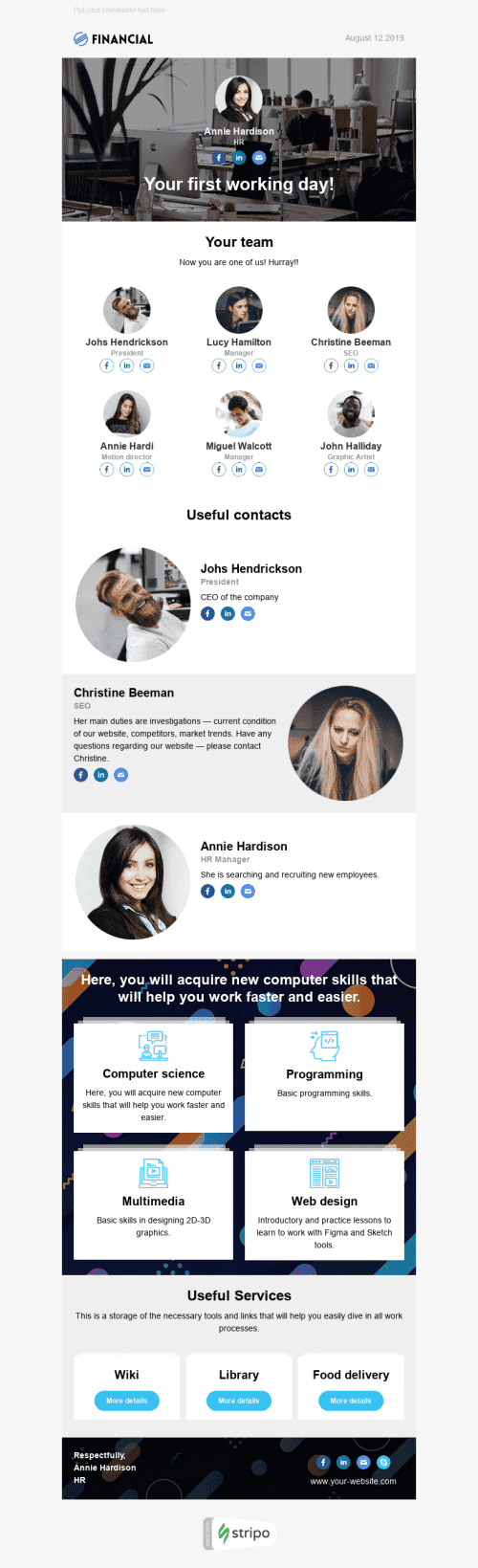 Internal Email Template «First Working Day» for Human Resources industrydesktop view