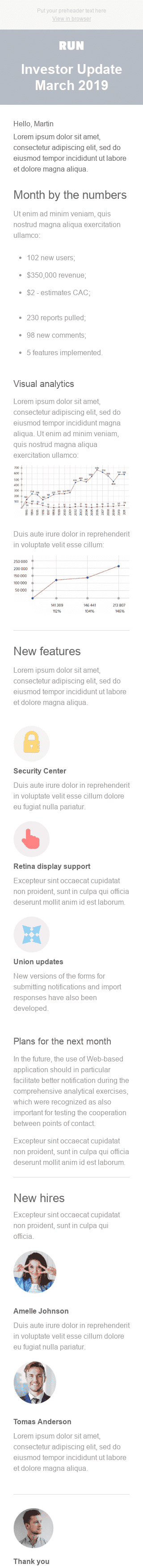 E-Mail-Bericht E-Mail-Vorlage «Monatliches Update für Investoren» für Software & Technologie-Branche Ansicht auf Mobilgeräten