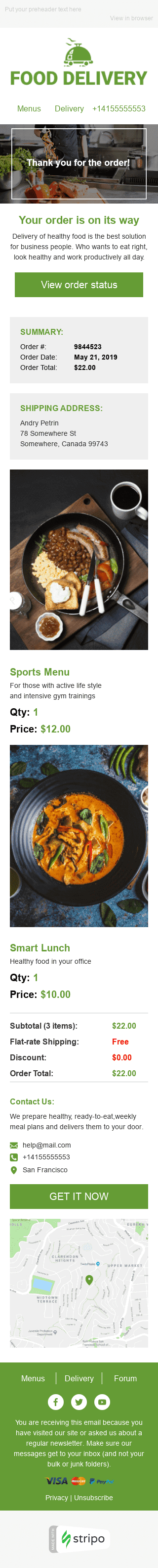 Bestellung E-Mail-Vorlage «Schnell und lecker» für Essen-Branche Ansicht auf Mobilgeräten