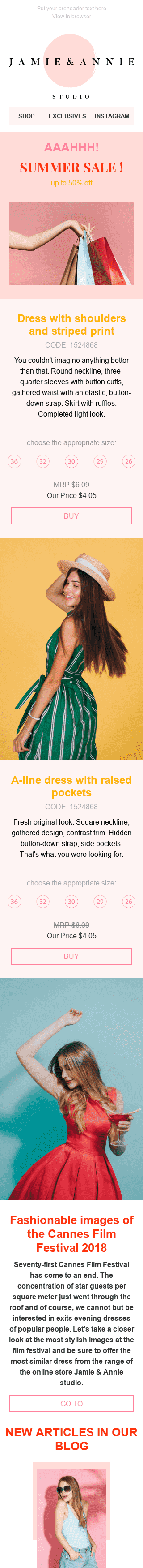 Промо шаблон письма «Летнее настроение» для индустрии «Мода» мобильный вид