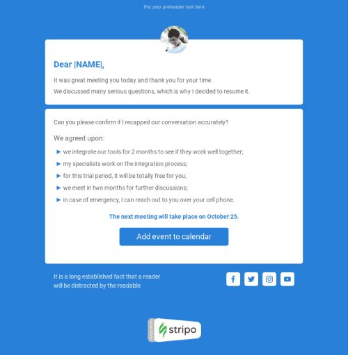 Modèle de courrier électronique Suivre «Merci pour la rencontre» pour le secteur Business Affichage mobile