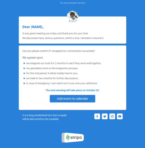 Modèle de courrier électronique Suivre «Merci pour la rencontre» pour le secteur Business Affichage mobile