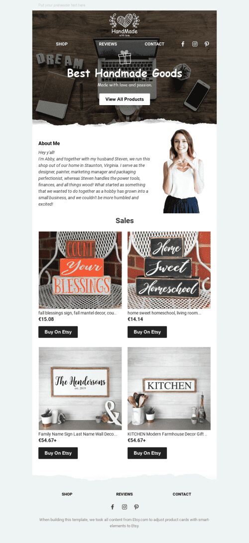 Modelo de E-mail de «Best Handmade» de Promoção para a indústria de Comércio eletrônico Visualização de dispositivo móvel