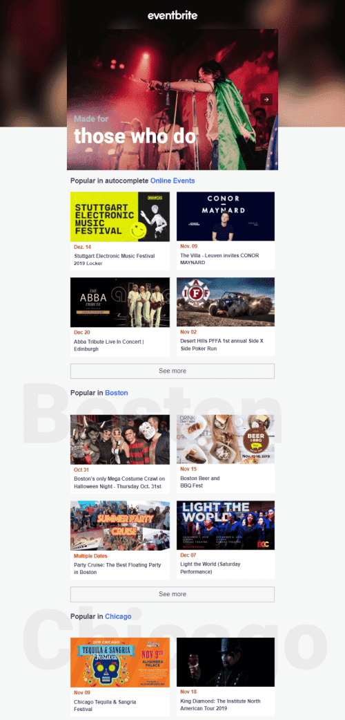 Промо шаблон листа «Eventbrite» для індустрії «Публікації та Блог» десктопний вигляд