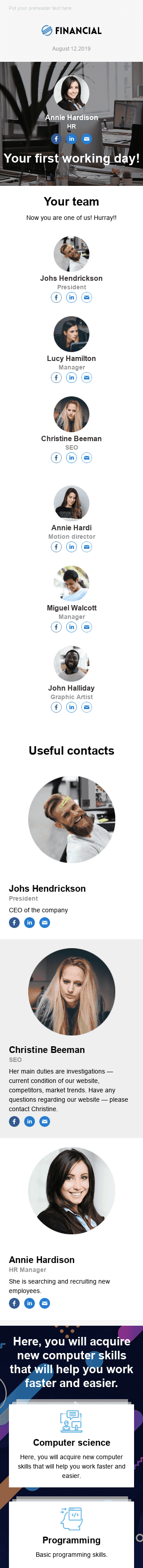 Interne E-Mail-Vorlage «Erster Arbeitstag» für HR-Branche Ansicht auf Mobilgeräten
