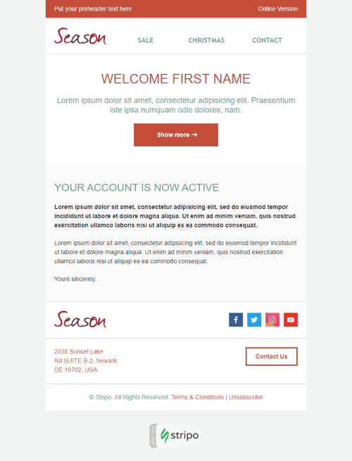 Modelo de E-mail de «Saudações sazonais» de Boas-vindas para a indústria de Presentes e Flores Visualização de dispositivo móvel