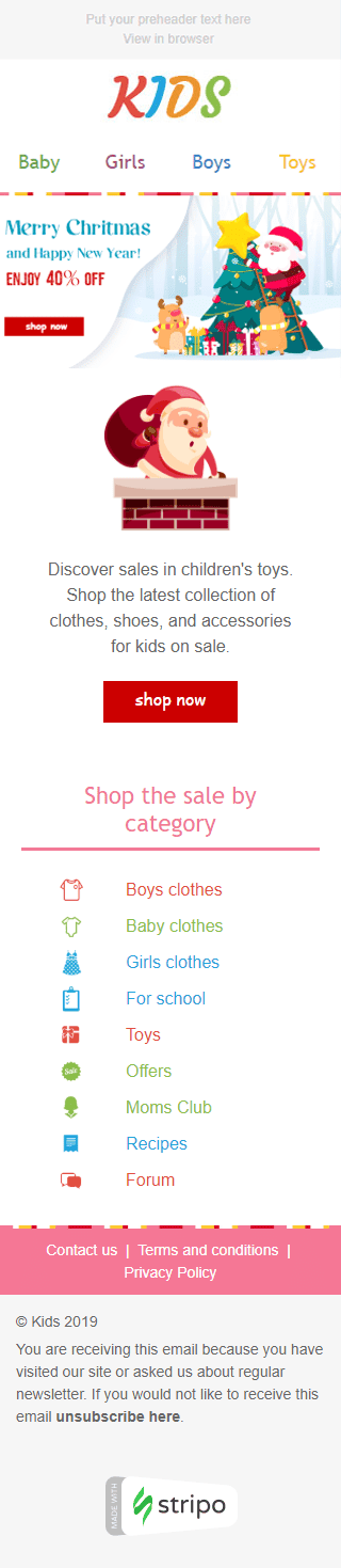 Modèle de courrier électronique Noël «Bébé sourit» pour le secteur Produits pour Enfants Affichage mobile