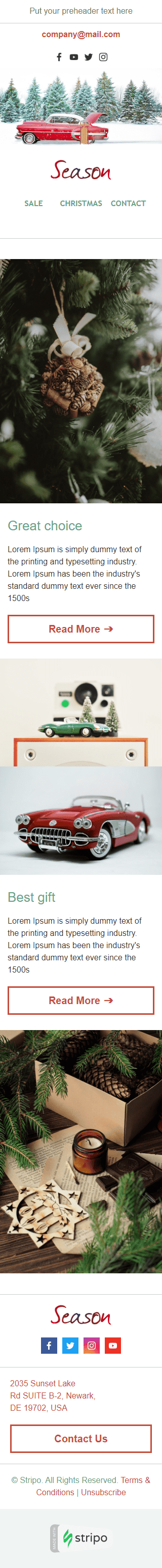 Modelo de E-mail de «Temporada de férias» de Natal para a indústria de Presentes e Flores Visualização de dispositivo móvel