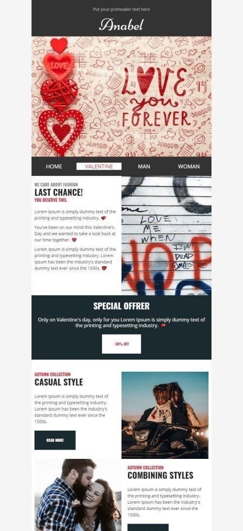 Modèle de courrier électronique Saint Valentin «Je t'aime pour toujours» pour le secteur Mode Affichage mobile