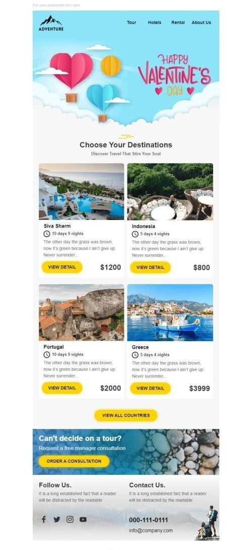 Modèle de courrier électronique Saint Valentin «Voyage romantique» pour le secteur Tourisme Affichage mobile