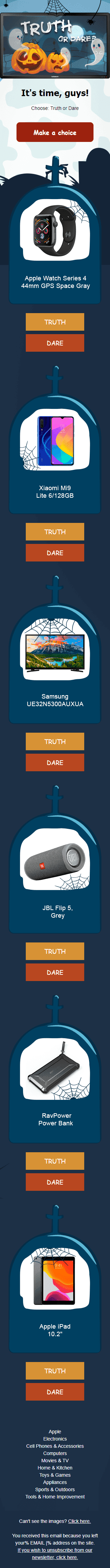 Halloween Email Template «Make Your Choice: Truth Or Action!» for Gadgets industry mobile view