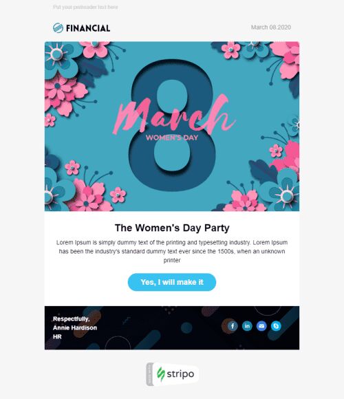 Plantilla de correo electrónico «fiesta corporativa» de Día de la Mujer para la industria de HR Vista de móvil