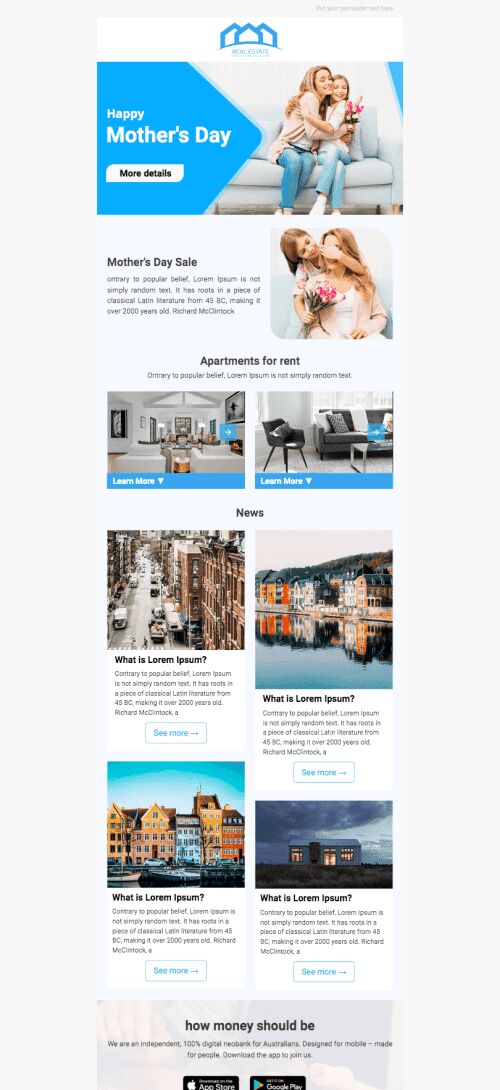 Modello Email Festa della mamma «Vacanze della mamma» per il settore industriale di Immobiliari Visualizzazione mobile