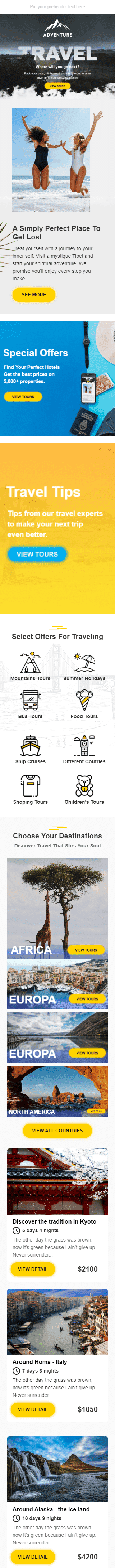Werbung E-Mail-Vorlage «Travel Fun» für Tourismus-Branche Ansicht auf Mobilgeräten