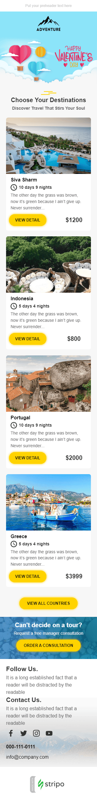 Modelo de E-mail de «Viagem romântica» de Dia dos Namorados para a indústria de Turismo Visualização de dispositivo móvel