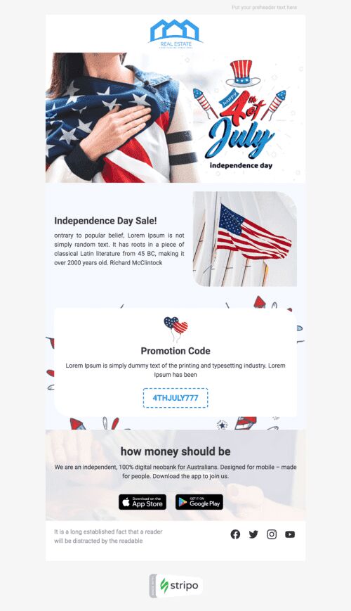 Modèle de courrier électronique Jour de Independence «Unité» pour le secteur Immobilier Affichage mobile