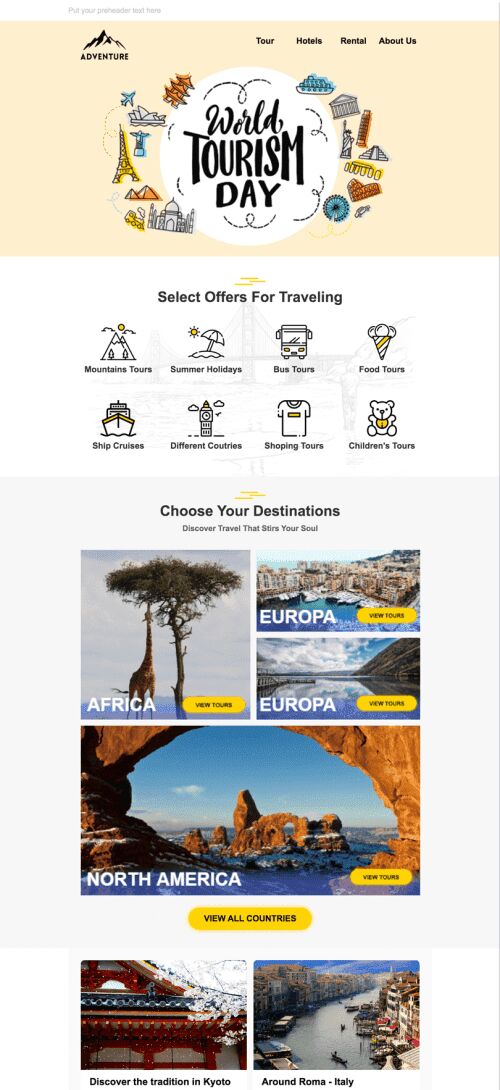 Modèle de courrier électronique Journée mondiale du tourisme «Heure du tourisme» pour le secteur Tourisme Affichage mobile