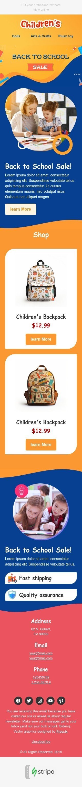 Modelo de E-mail de «Loja infantil» de De volta à escola para a indústria de Artigos para crianças Visualização de dispositivo móvel