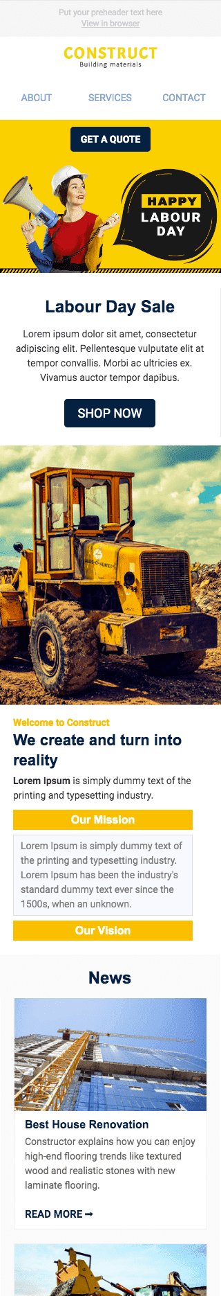 Labor Day Email Template «Building the future» for Construction industry mobile view