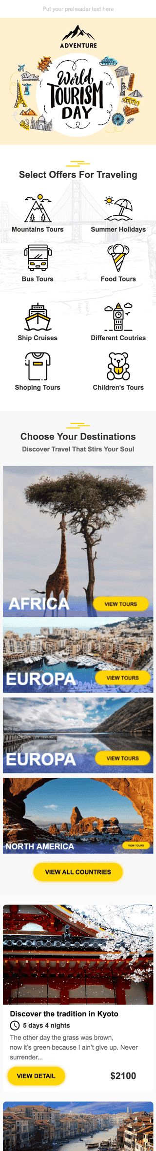 Plantilla de correo electrónico «Tiempo de turismo» de Día mundial del turismo para la industria de Turismo Vista de móvil