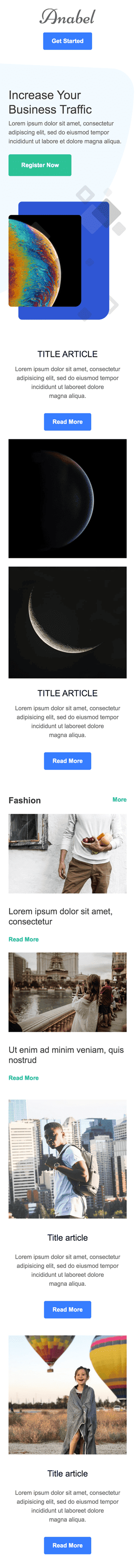 Plantilla de correo electrónico «Información corta» de Promoción para la industria de Publicaciones y blogs Vista de móvil
