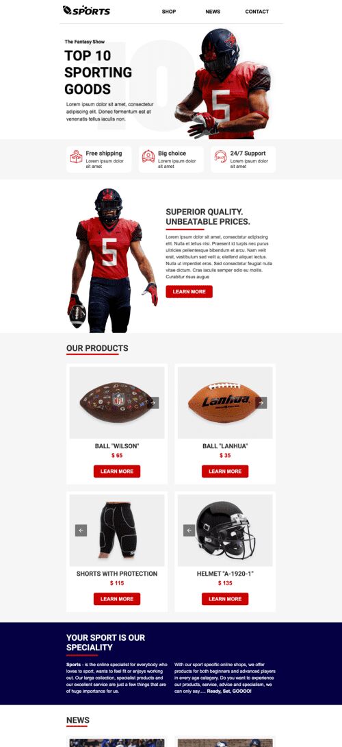 Modelo de E-mail de «Hora dos jogos» de Super Bowl para a indústria de Esportes Visualização de dispositivo móvel