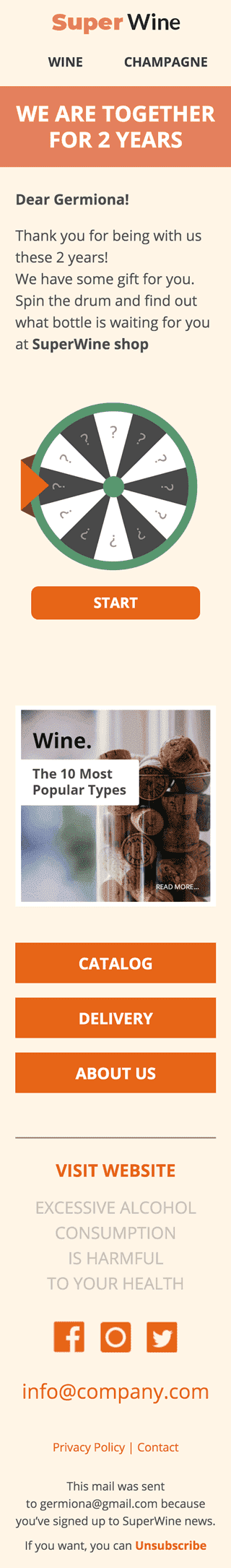 Werbung E-Mail-Vorlage «Super Wein» für Essen-Branche Ansicht auf Mobilgeräten