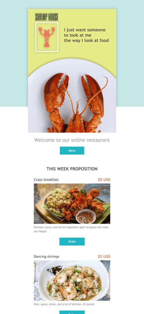 Modello Email Promo «Casa dei gamberetti» per il settore industriale di Cibo Visualizzazione mobile
