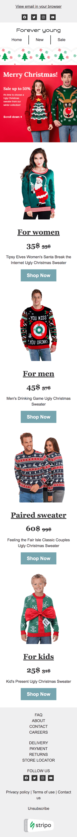 Weihnachten E-Mail-Vorlage «Für immer jung» für Mode-Branche Ansicht auf Mobilgeräten