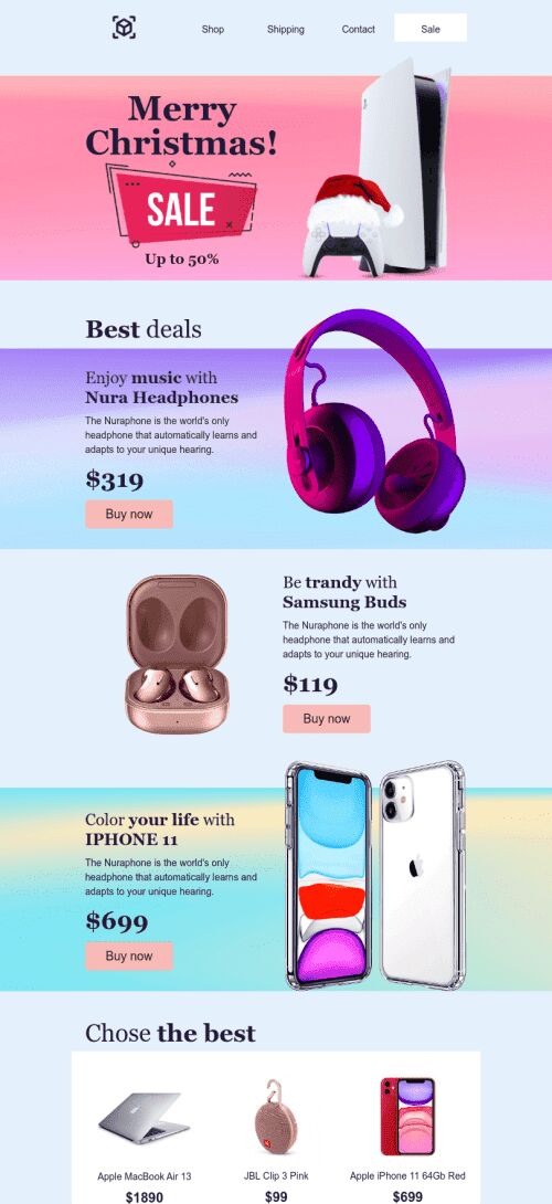 Modèle de courrier électronique Noël «Meilleurs cadeaux» pour le secteur Gadgets Affichage mobile