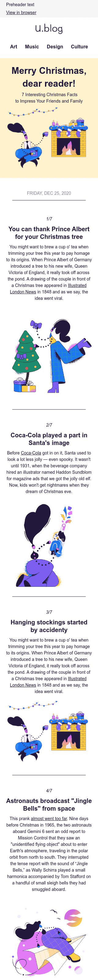 Modelo de E-mail de «7 fatos interessantes» de Natal para a indústria de Publicações & Blogs Visualização de dispositivo móvel