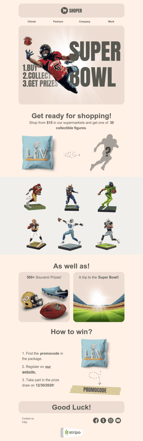 Super Bowl Email Template «Golden Ball» for Sports industry desktop view