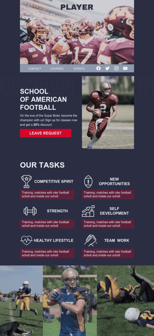Modelo de E-mail de «Escola de Esportes» de Super Bowl para a indústria de Esportes Visualização de dispositivo móvel