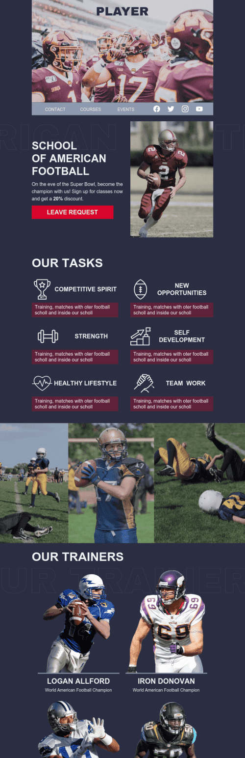 Plantilla de correo electrónico «Escuela Deportiva» de Super Bowl para la industria de Deportes Vista de móvil