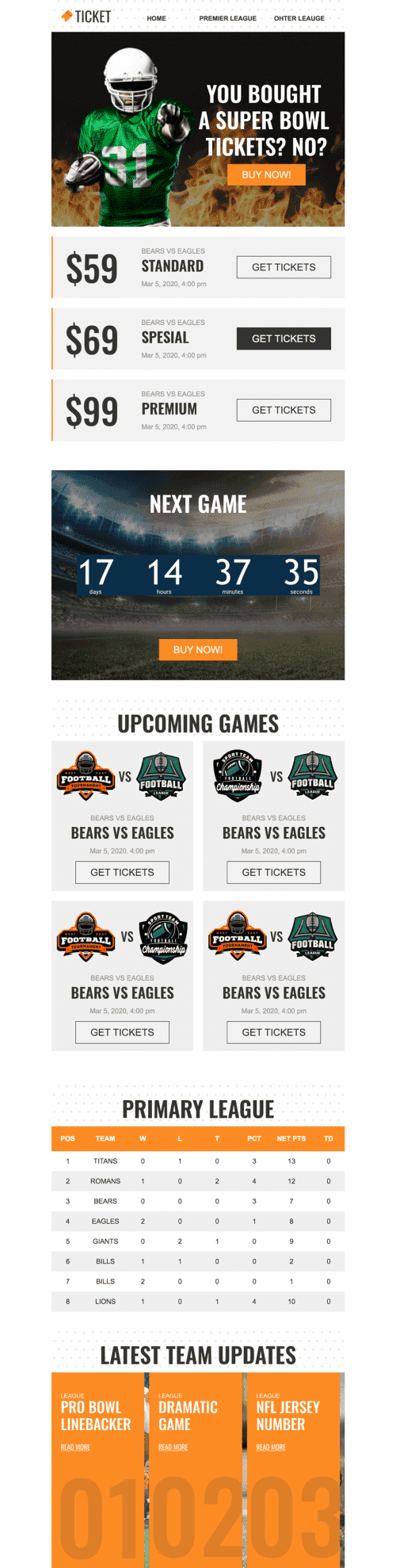 Modelo de E-mail de «Ingressos» de Super Bowl para a indústria de Esportes Visualização de desktop