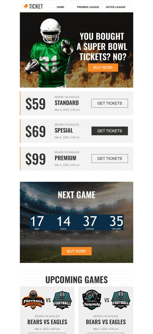 Modelo de E-mail de «Ingressos» de Super Bowl para a indústria de Esportes Visualização de dispositivo móvel