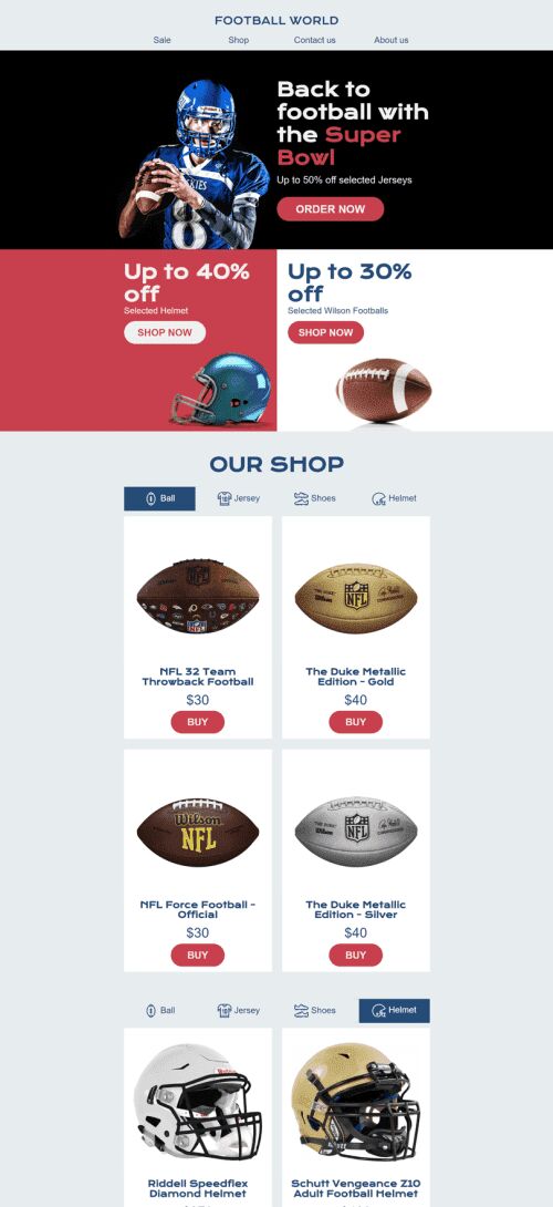 Modelo de E-mail de «Loja de atributos esportivos» de Super Bowl para a indústria de Esportes Visualização de dispositivo móvel