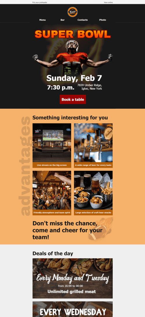 Super Bowl E-Mail-Vorlage «Bier Haus» für Sport-Branche Ansicht auf Mobilgeräten